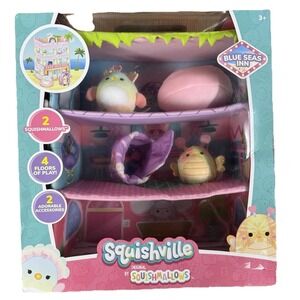 Squishville Blue Seas Inn Playset, 2-Inch Squishmallows with Suitcase, Kids Toys